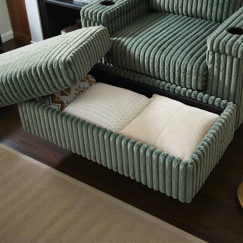 42.5" Corduroy Single Recliner Chair with Cup Holder, Storage Footrest, Armrest Storage and Backrest Pillow