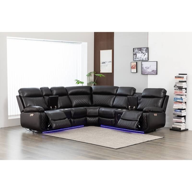 Hathrone 98.5" Wide Vegan Leather Power Reclining Sectional with LED, USB and SubWoofer Sound System