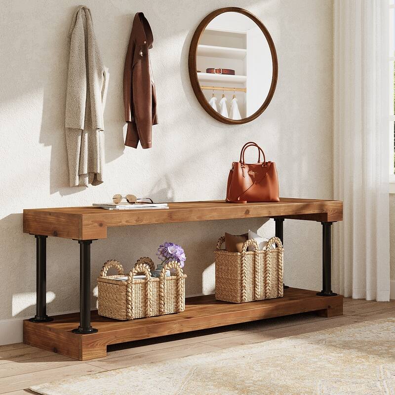 63 Inch Entryway Bench with Storage Shelves, Solid Wood Shoe Rack Bench for Indoor / Bedroom - 63.0" W x 13.8" D x 21.7" H