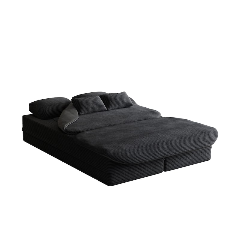 GDFStudio - Lysander Corduroy Foldable Sleeper Sofa Bed with Multi Functional Blanket