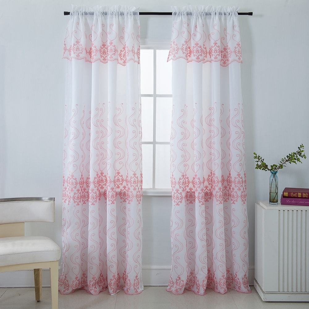 Porch & Den Easterday Damask Embroidered Rod Pocket Single Curtain Panel - 54 x 90 in.