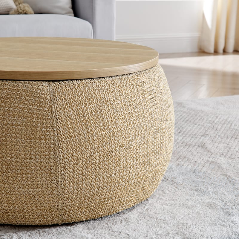 Roomfitters Round Storage Ottoman with Small Seat, 2-in-1 Design Serves as End Table or Footrest, Accent Furniture