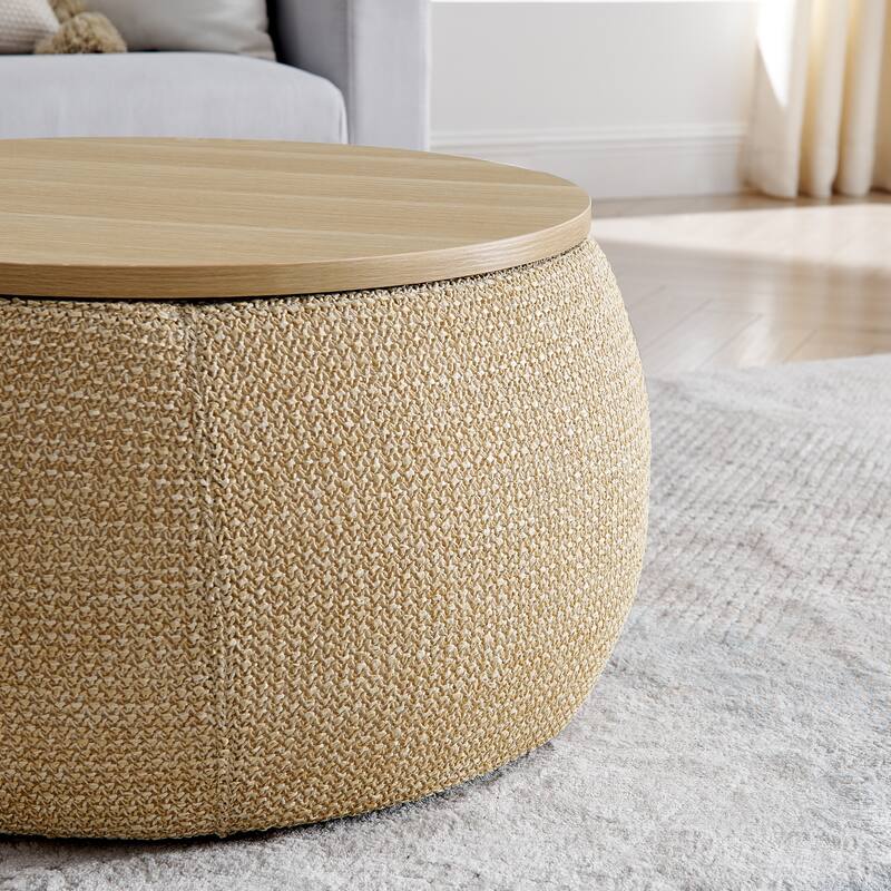 Round Storage Ottoman, Woven rattan fabric Ottoman, 2 in 1 Function, Work as End table and Ottoman,with small seat-nature