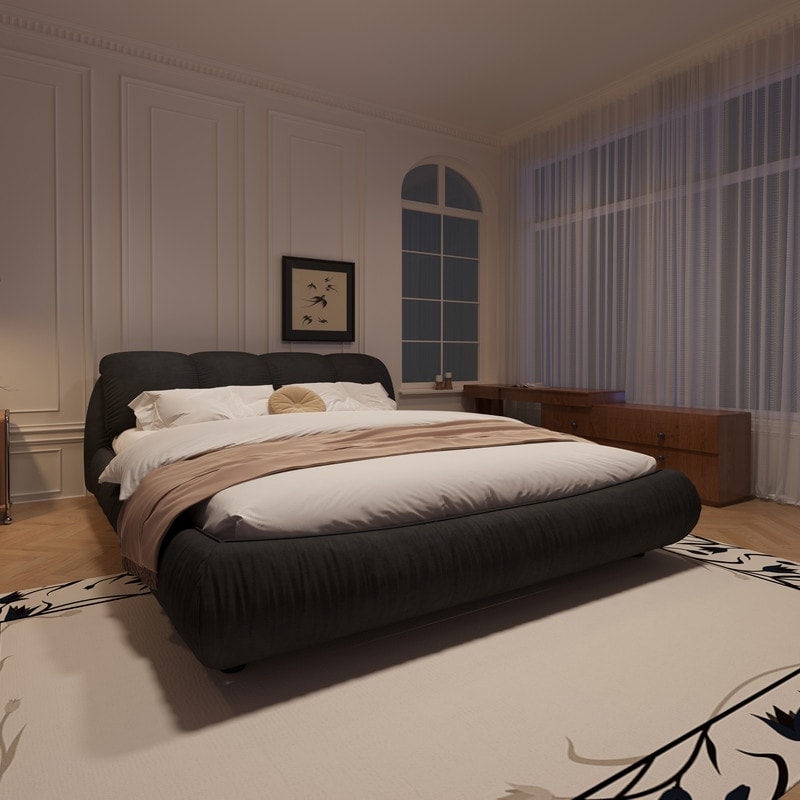 Queen/King Size Upholstered Platform Bed with Oversized Padded Backrest, Modern Bed Frame with Thickening Pinewooden Slats