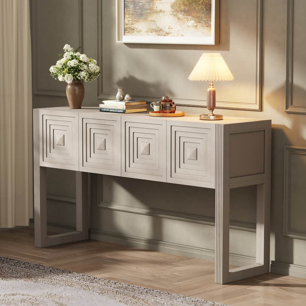 Christopher Knight Home - Modern Geometric Carved Console Table with Soft-Close Drawers & Fluted Legs for Living Room, Hallway