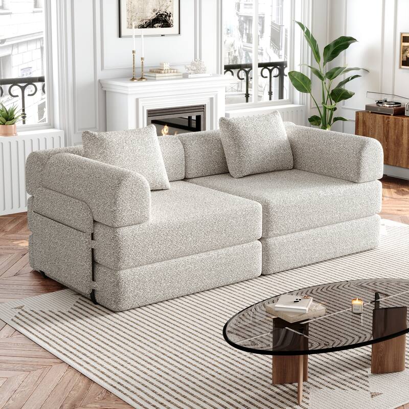 Floor Standing Chenille Sleeper Sofa Bed Folding Loveseat Couch - Beige