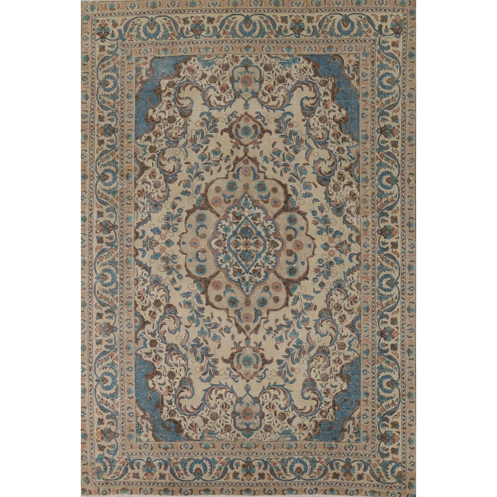 Distressed Beige Tabriz Vintage Persian Rug Hand-Knotted Wool Carpet - 7'10" x 10'11"