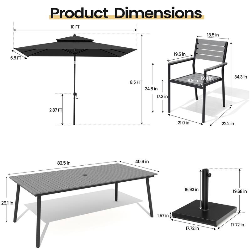 11PC Outdoor Patio Dining Set WoodLike Aluminum Umbrella Hole Table with Stackable Armchairs,Double Top Market Umbrella and Base