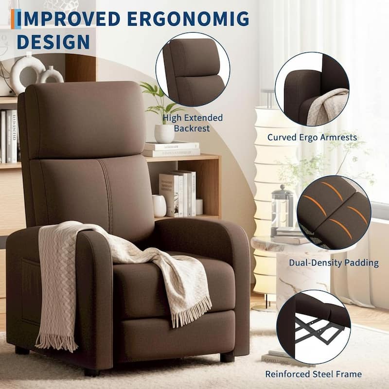Recliner Chair for Adults, High Backrest, Thick Cushion, with Side Pocket
