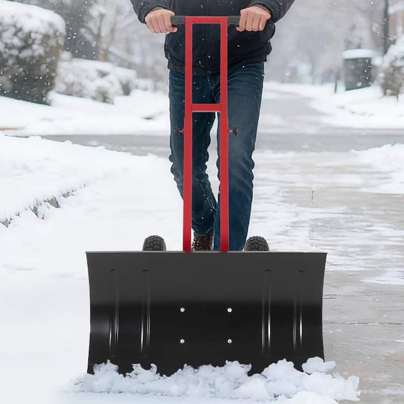 29.13x16.54 in Heavy Duty Rolling Snow Pusher Shovel for Driveway, Doorway, Sidewalk - Black