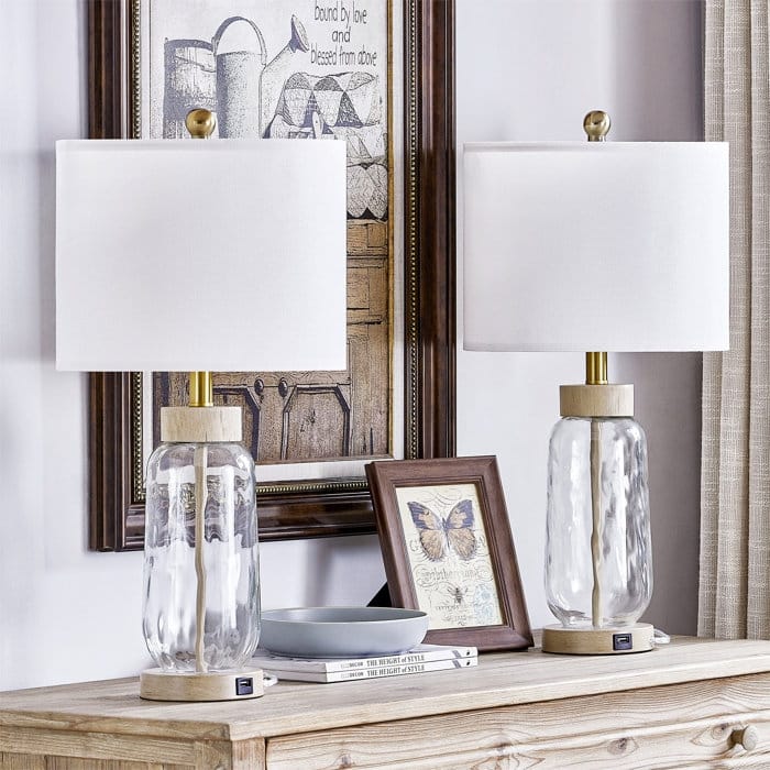 24" Glass USB Table Lamp Set
