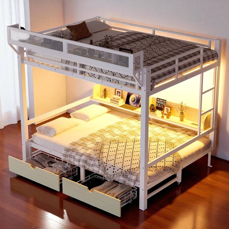 Queen over Queen/Twin XL over Twin XL Metal Bunk Bed with Storage Shelves, Drawers, USB Ports & LED Lights