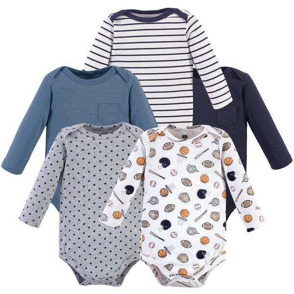 slide 1 of 1, Hudson Baby Infant Boy Cotton Long-Sleeve Bodysuits 5pk Set, Basic Sports 0-3 Months - Basic Sports 5-Pack