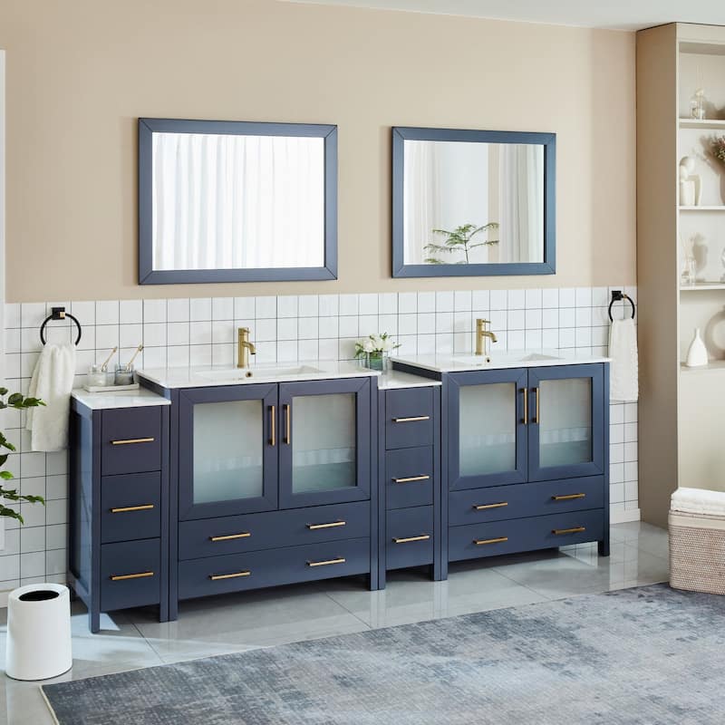 Vanity Art 96" Double Sink Bathroom Vanity Set 10 Dove-Tailed Drawers, 3 Cabinets, 2 Shelves Soft-Closing Doors with Free Mirror