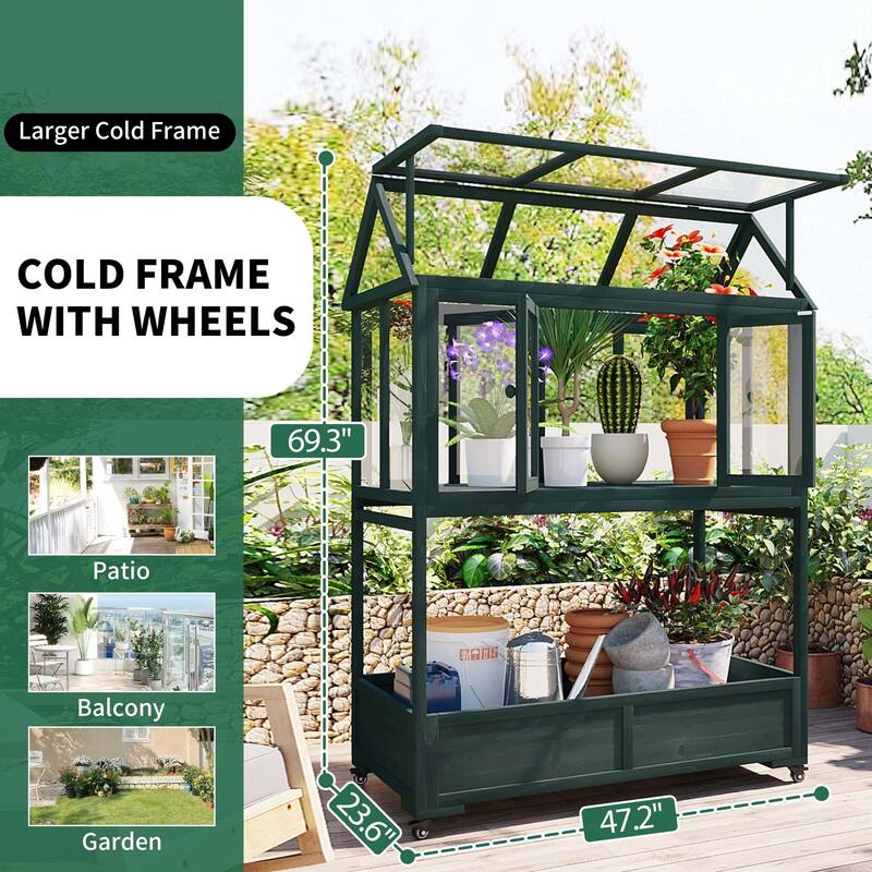 62″ Portable Wood Cold Frame Greenhouse with Storage Box