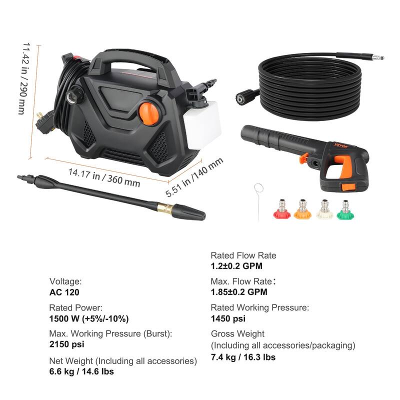 Black 2150 PSI Electric Pressure Washer, 1500W High Pressure Cleaner with 5 Nozzles and 35ft Cord