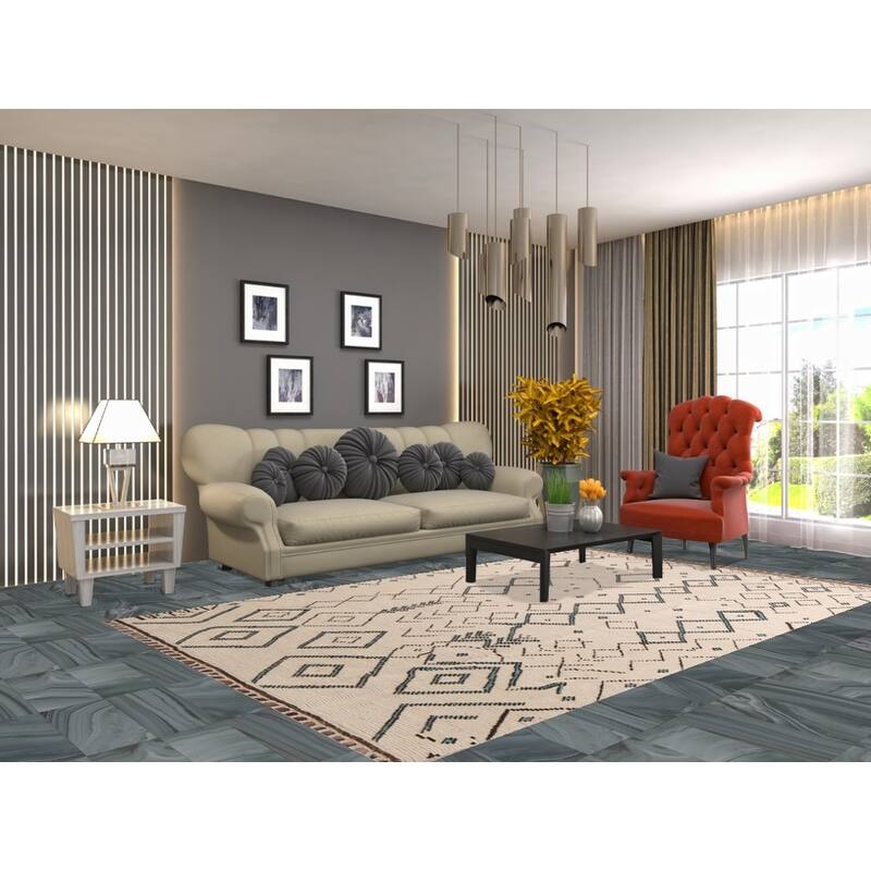 Geometric Ivory Moroccan Area Rug Handmade Wool Carpet - 5'9"x 9'6"