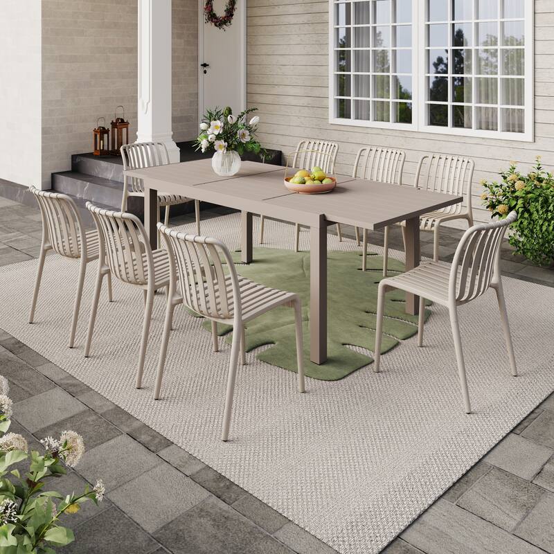 Outdoor Dining Set 9-Piece Stackable Plastic Lightweight Dining Chair and Extendable Dining Table