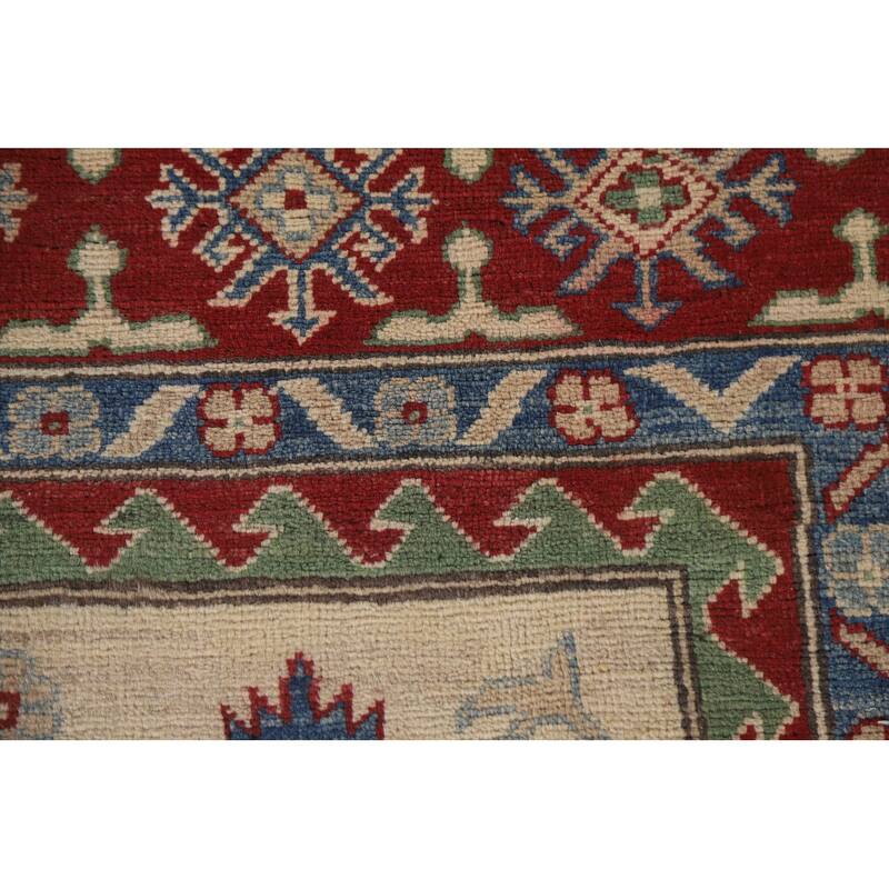 Hand Knotted Oriental 100% Wool Carpet Traditional Geometric Beige & Ivories Kazak Area Rug - 9' 9'' X 6' 7''