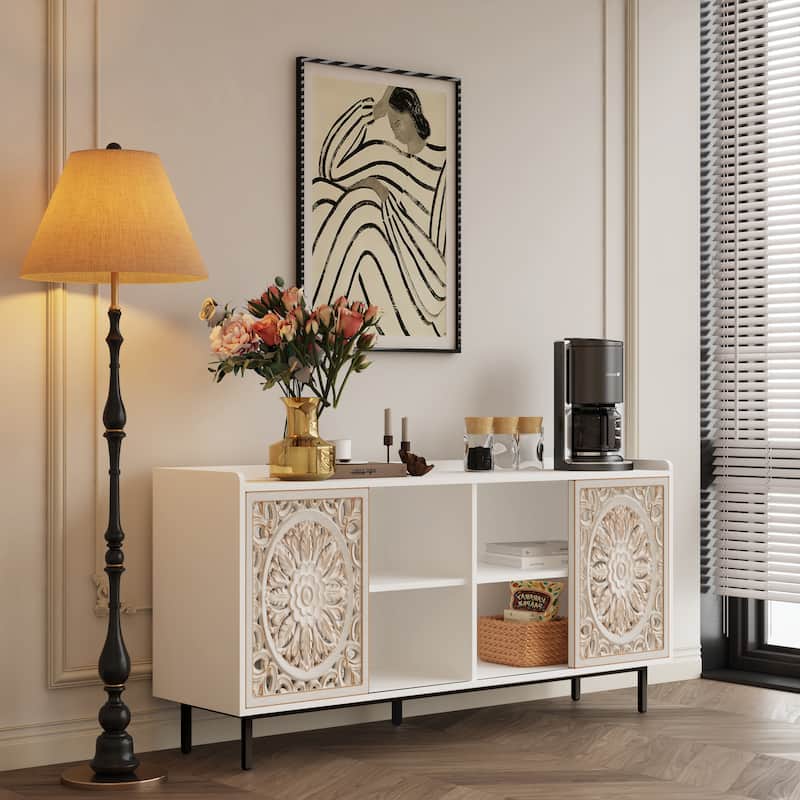 Mid-Century Modern Storage Cabinet, White Curio Buffet for Living Room, Wood Sideboard Buffet Cabinet, Accent Display Cabinet