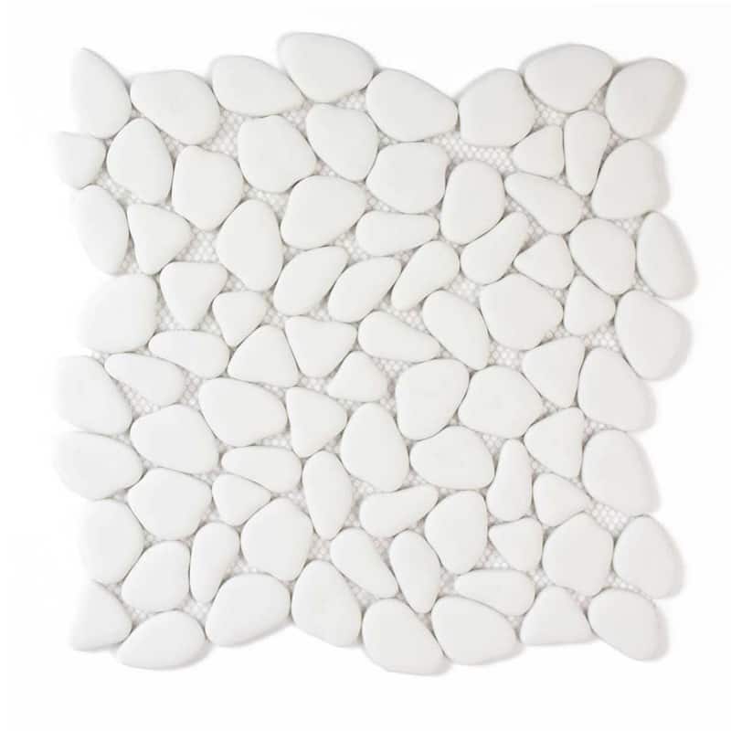 Huron Rock 12x12 Matte Glass Pebble Mosaic Tile - Floor, Wall, Backsplash - 4 x 4 Sample - White