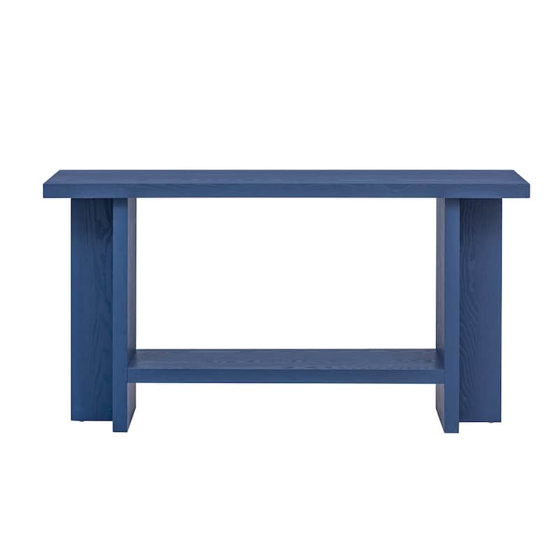 Ash Wood Veneer Console Table with T-Leg Design, 60" Long Wooden Entryway Table, Living Room Sofa Table with Storage Shelf - Navy Blue