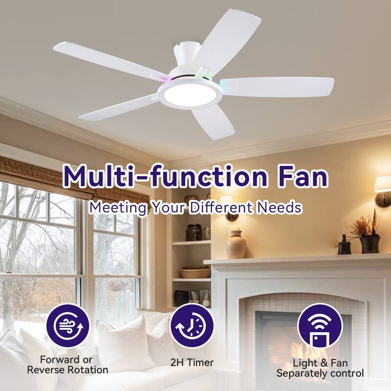 52 Inches RGB Flush Mount Ceiling Fan with Light,Reversible DC Motor for Bedroom Living Room Patio