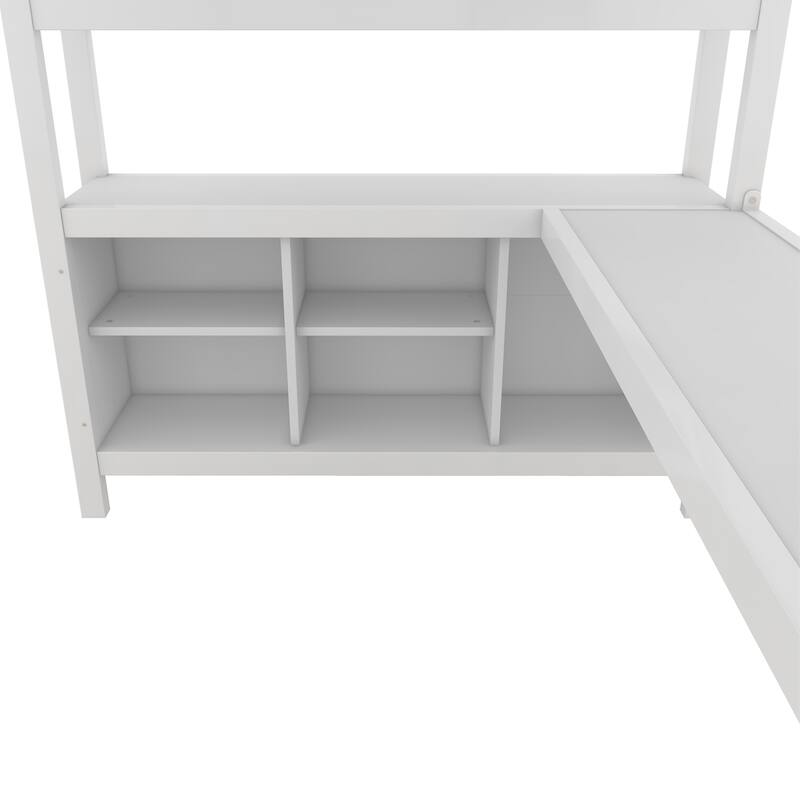 Full Size Metal Loft Bed with Wardrobe, L-shaped Desk, and Storage Shelves, White