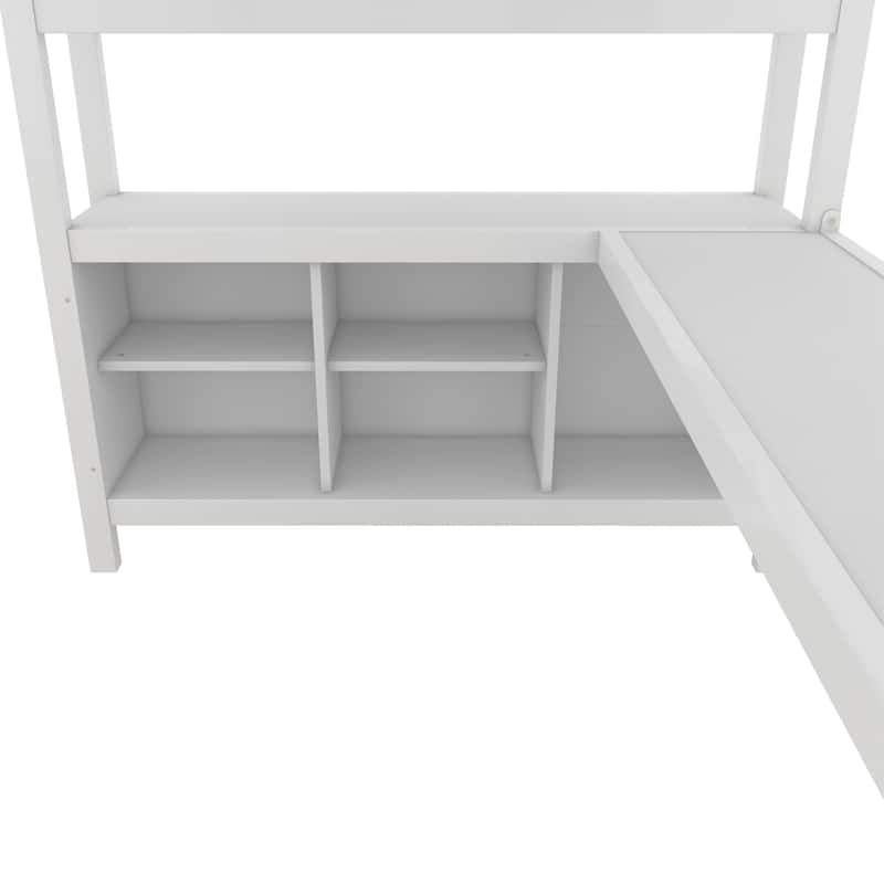 Heavy Duty Metal Loft Bed with Wardrobe and L Shaped Desk, Full/Queen Size High Loftbed Frame with Storage Cubes and Shelves