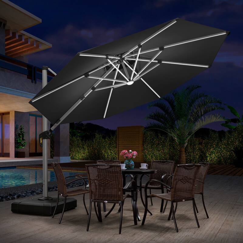 PURPLE LEAF 11 ft Double Top LED Round Patio Cantilever Umbrella - Black