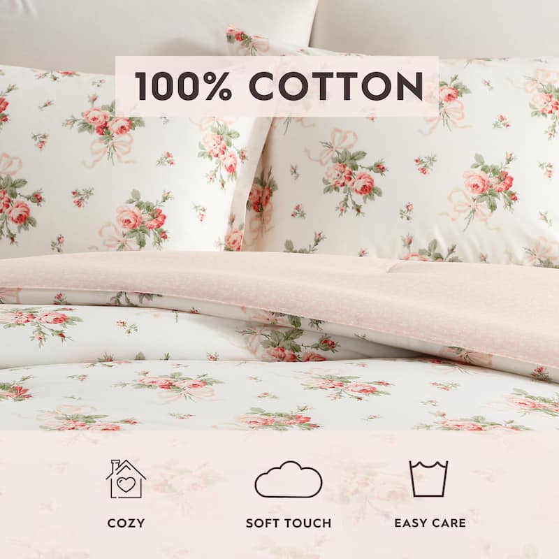 Laura Ashley Ribbon Bouquet Cotton Reversible Red Comforter Set
