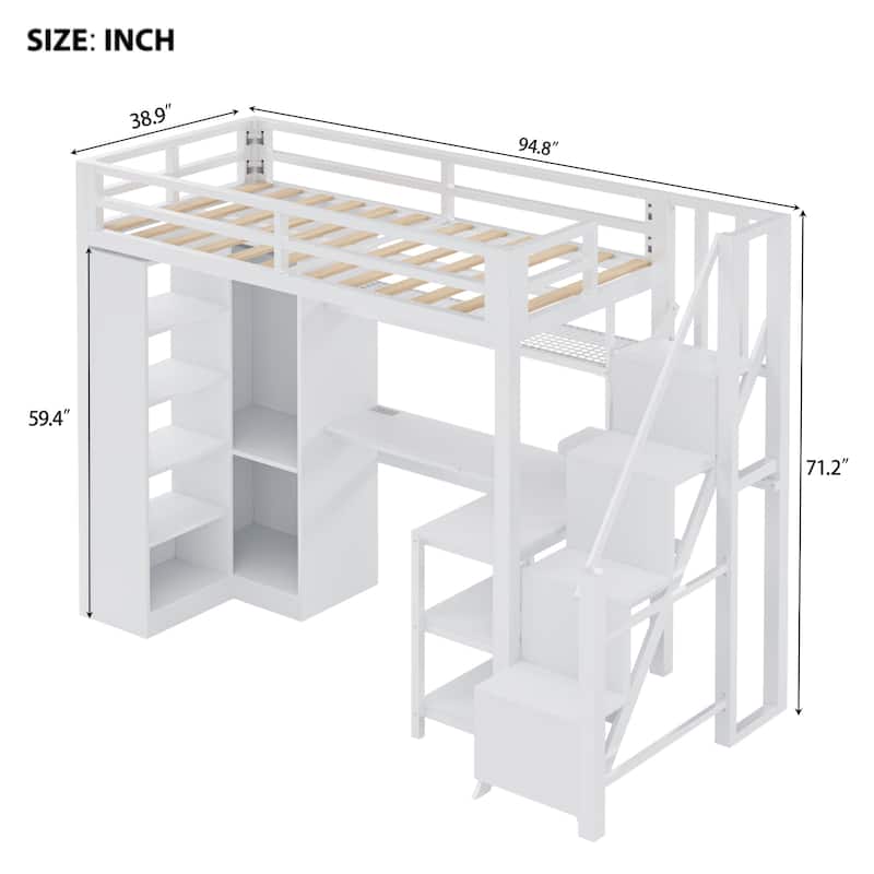 Metal Twin/Full Loft Bed with Desk, USB Ports, Wardrobe, 5-Layer Shelf, Stepped Stairs