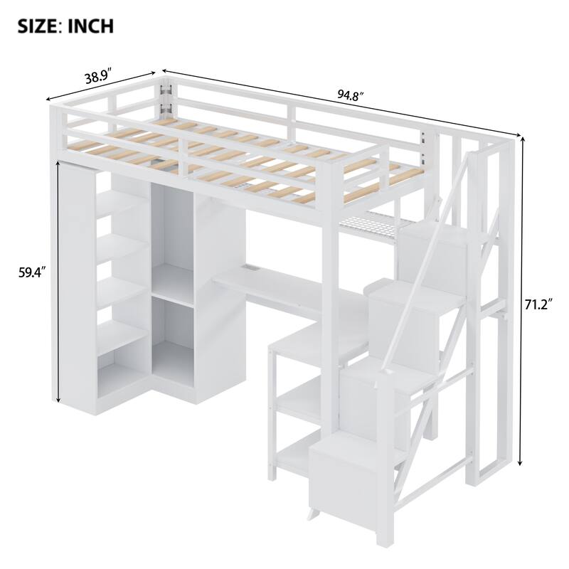 White Loft Bed w/Desk, Wardrobe & Stepped Stairs, Metal Loft Bed Storage Bed Frame w/ USB Ports & 5-Layer Shelf for Adults, Kids