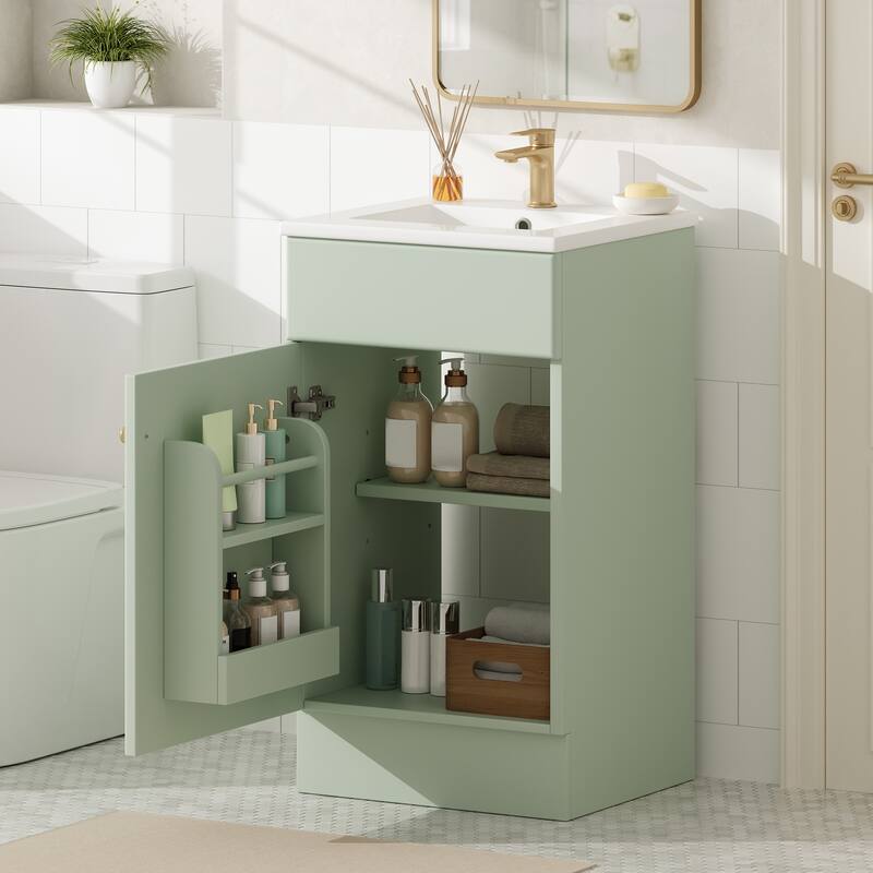 18" Bathroom Vanity with Sink, Adjustable Shelf & Door Storage Cabinet - Green