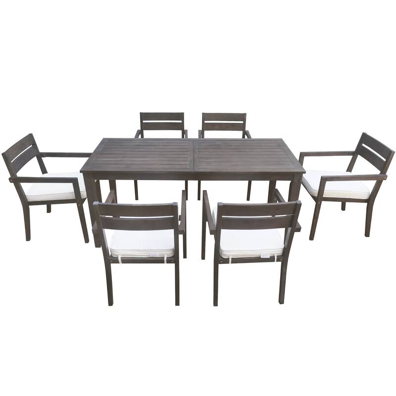 7 Piece Acacia Wood Outdoor Dining Table Set, All-Weather Patio Conversation Set with 6 Removable Cushion Chairs