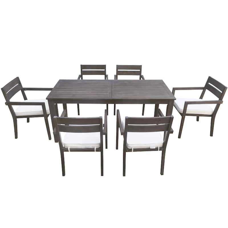 7 Pieces Acacia Wood Outdoor Dining Set with Cushions,Modern 6 Chairs and 1 Large Table, Dining Furniture Set