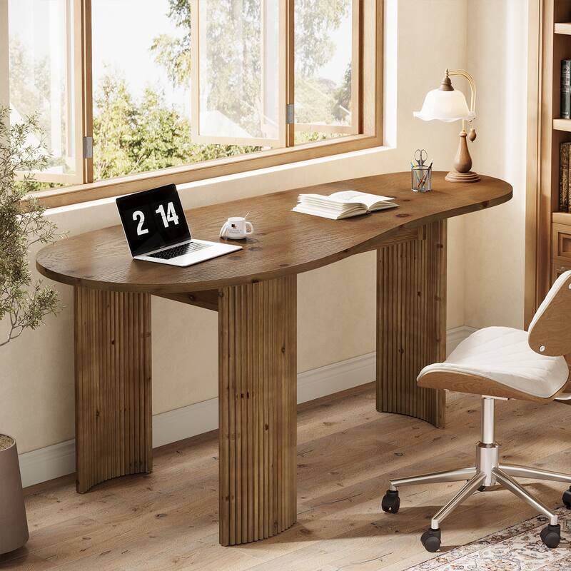 Modern Solid Wood Computer Desk, Curved Small Executive Desk with Fluted Wooden Legs