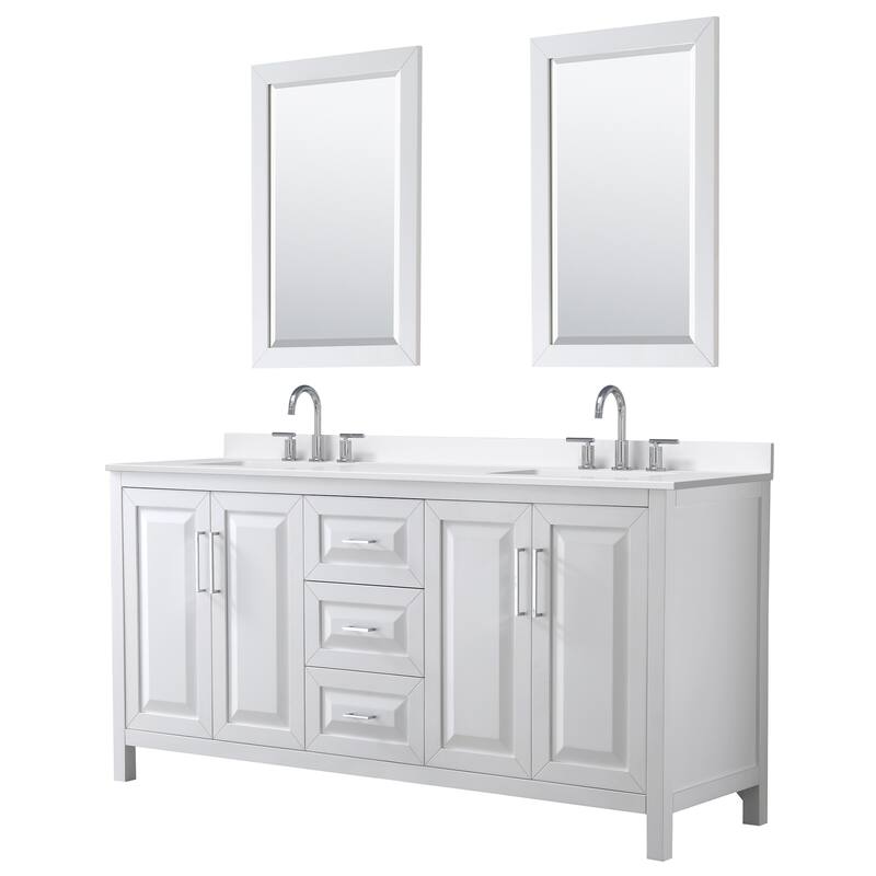 Daria 72-inch Double Vanity, 3 Hole Quartz Top, 24-inch Mirrors - White, Chrome Trim, White Quartz Top