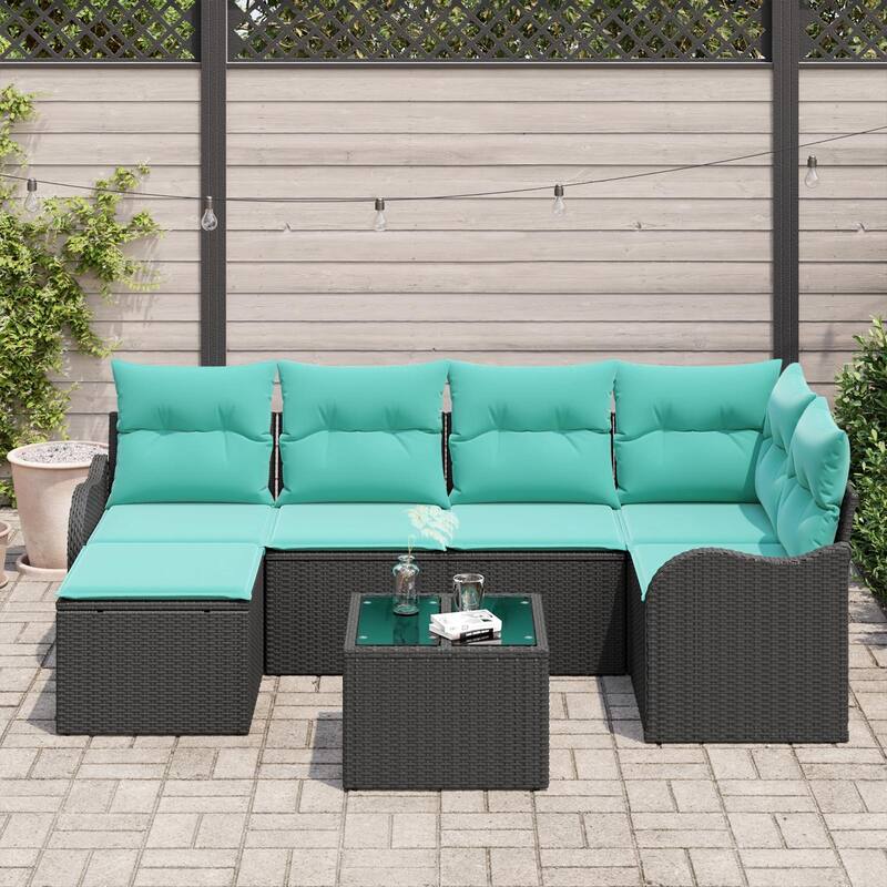 vidaXL 6/7 Garden Sofa Set with Cushions Black/Brown/Grey Poly Rattan - 91.5 x 48.2 x 27.2