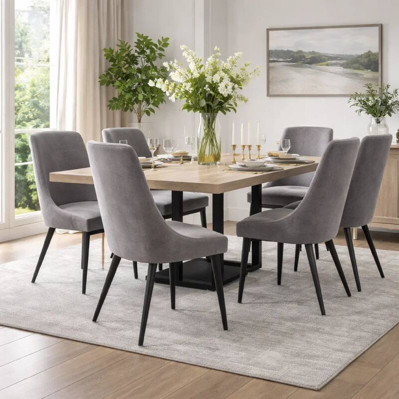 Wils 20 Inch Set of 2 Dining Chairs, Gray Velvet, Black Tapered Metal Legs