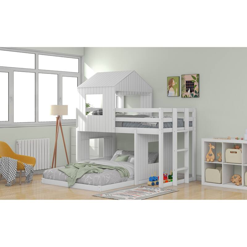 Versatile Wooden Bunk Bed with Playhouse and Guardrails for Kids