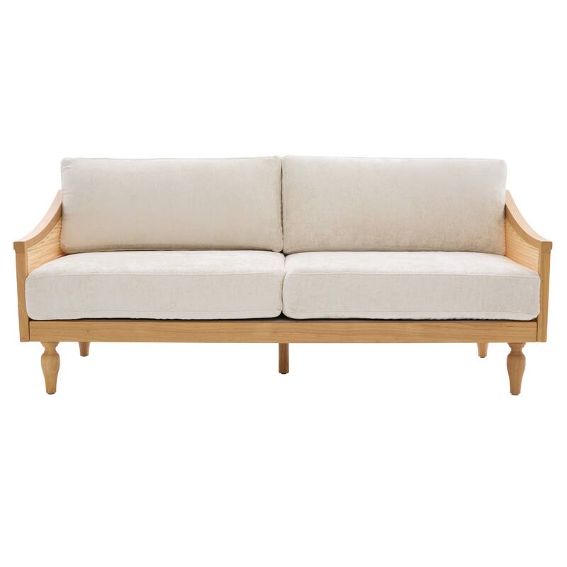 Roomfitters Mid-Century Modern Loveseat Sofa with Rattan Armrests, Solid Wood Frame - Natural