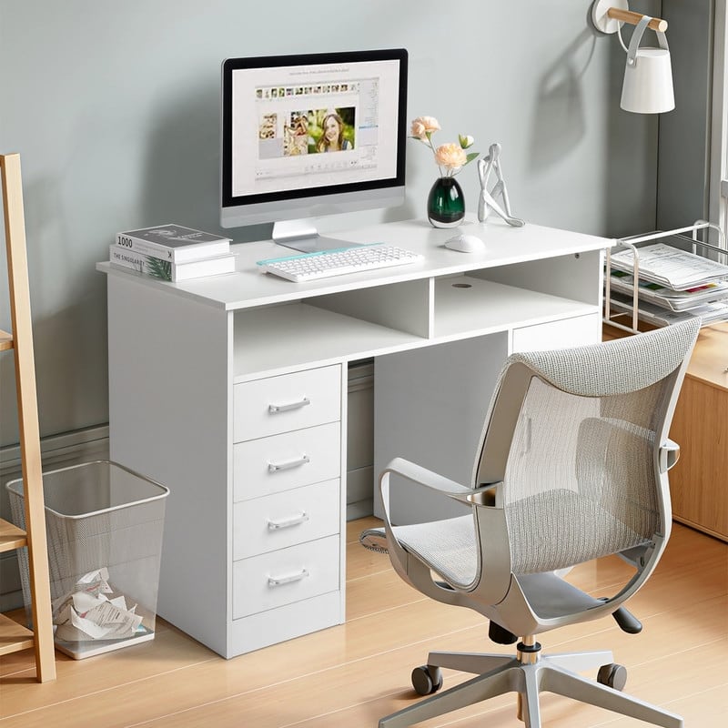 Manicure Table Computer Desk with 4 Drawers 1 Cabinet - White