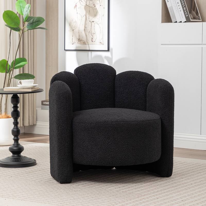 SEYNAR Modern Glam Teddy Fabric Upholstered Round Accent Chair with Flower Shaped Back Design