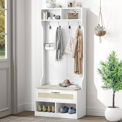 Anmytek 67" 3-In-1 Hall Tree Shoe Storage Bench and Coat Rack with 4 Hooks and 6 Compartments for Entryway