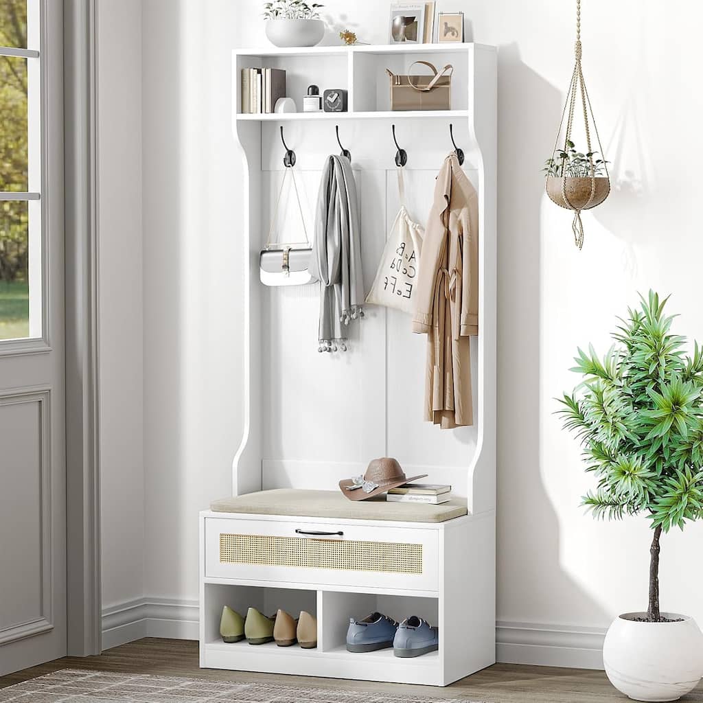 Anmytek 67" 3-In-1 Hall Tree Shoe Storage Bench and Coat Rack with 4 Hooks and 6 Compartments for Entryway