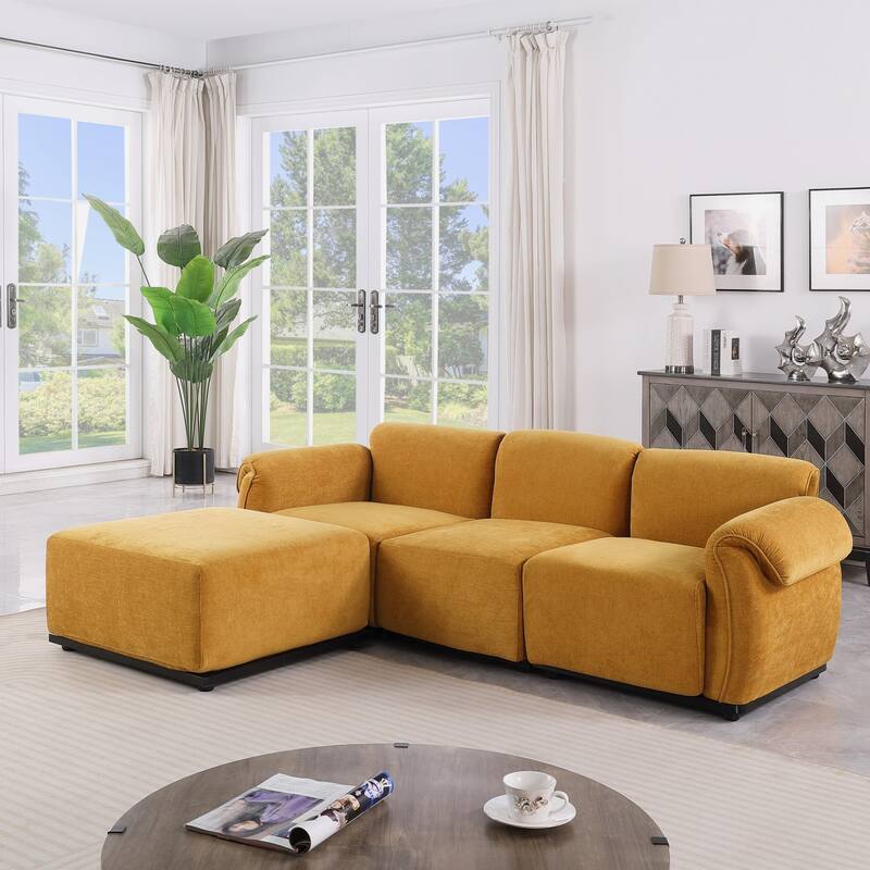 93" L-Shaped Modular Chenille Sectional Sofa with Movable Ottoman