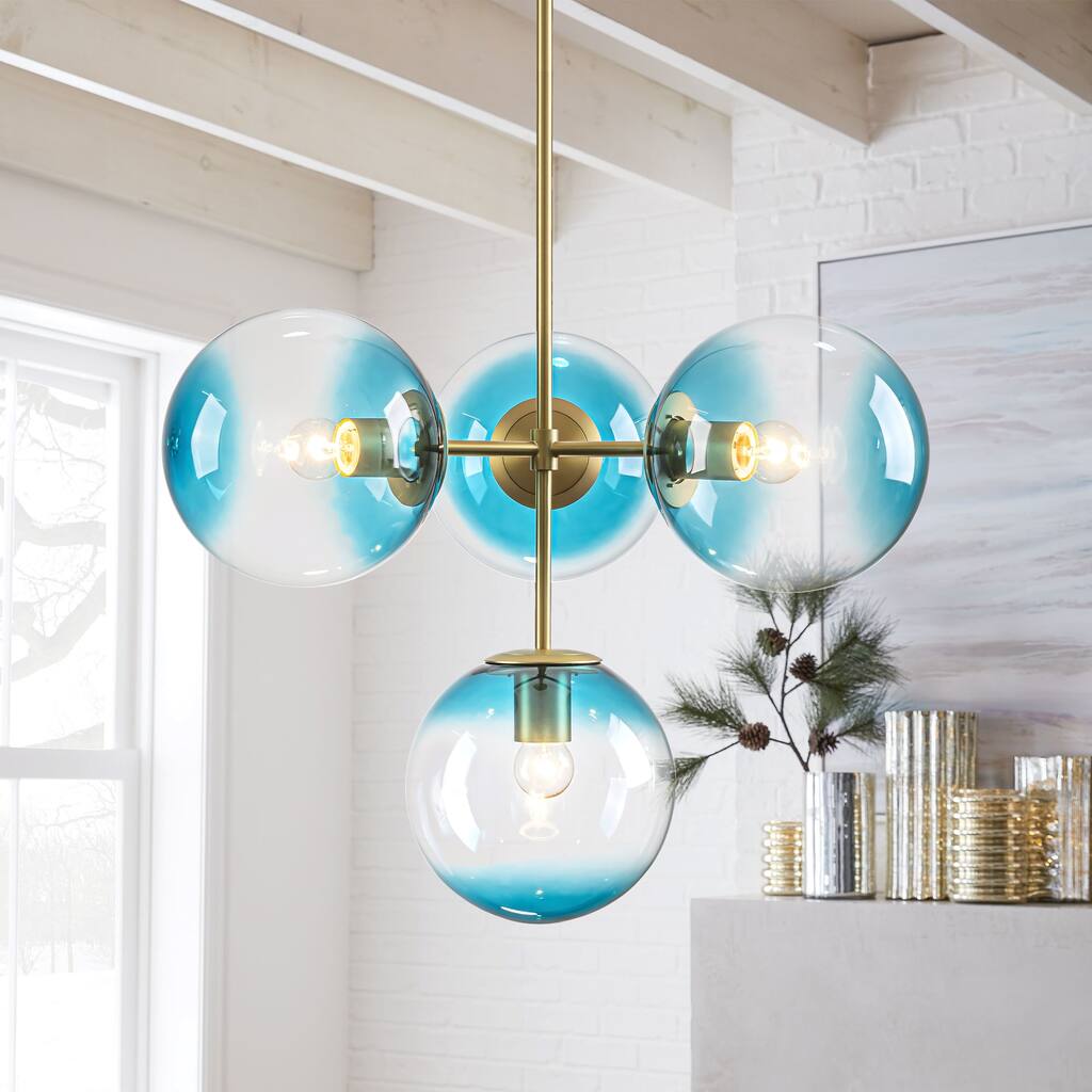 4-Light Modern Gold/Black Linear Sputnik Pendant Light with Gradient Blue Glass Globes
