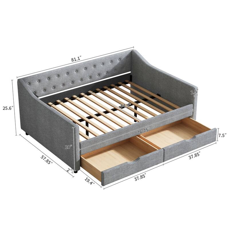 Linen Upholstered Daybed with 2 Drawers, Wooden Platform Sofa Bed Frame with Button Tufted Backrest, No Box Spring Needed