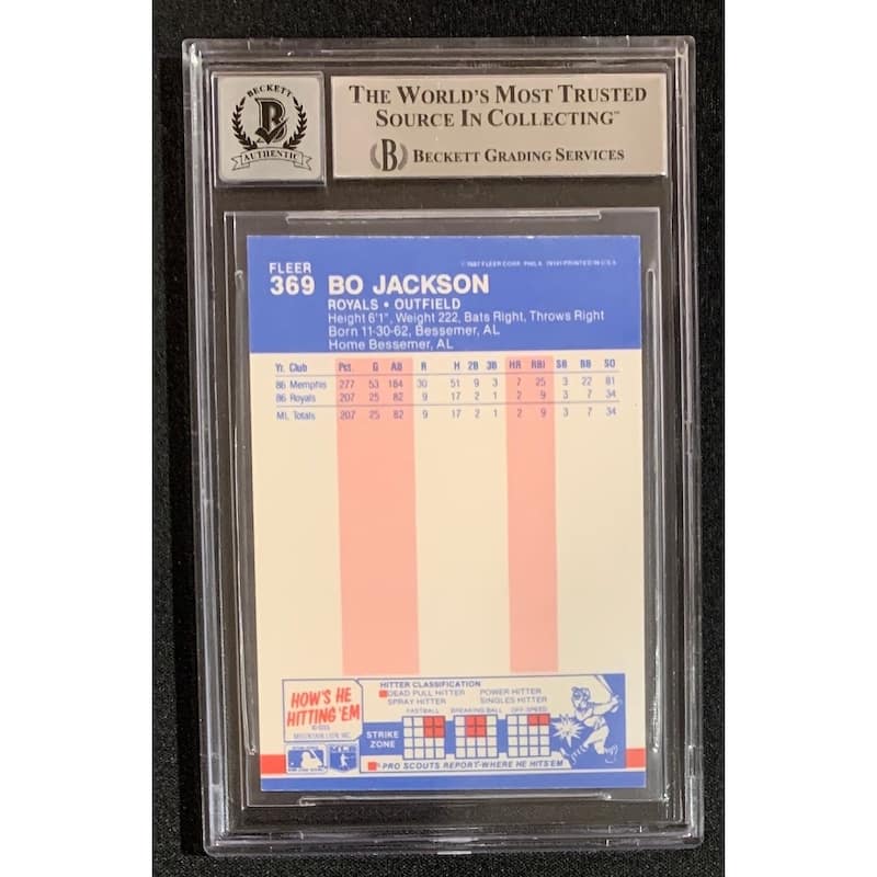 Bo Jackson 1987 Fleer Signed Baseball Rookie Card #369 Auto Graded Beckett 10 - 8'6" x 11'6"